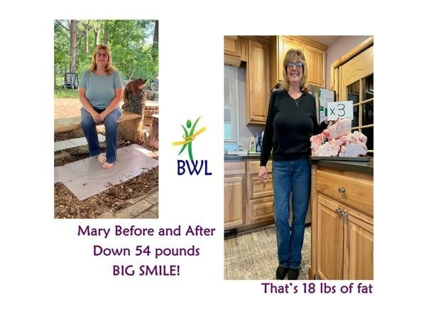 Before-and-after weight loss collage: woman on porch and in kitchen, with “Down 54 pounds BIG SMILE!” text.