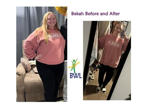 Before-and-after collage of a person in a pink sweatshirt and black pants standing indoors.