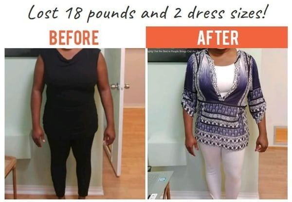 Before-and-after weight loss comparison: black outfit beside patterned top, captioned “Lost 18 pounds and 2 dress sizes!”