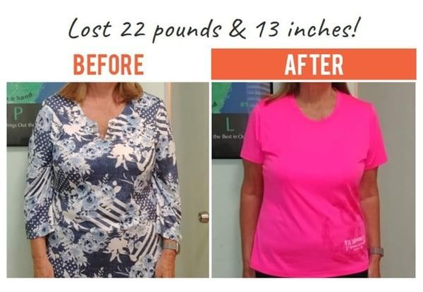 Before-and-after weight loss photo: woman in blue floral top, then in pink shirt, with text “Lost 22 pounds & 13 inches!”