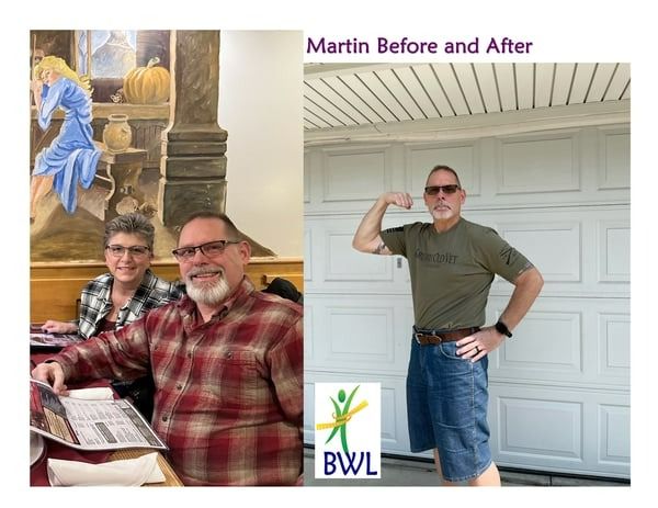 “Martin Before and After” collage: seated in a restaurant and flexing beside a garage with BWL logo