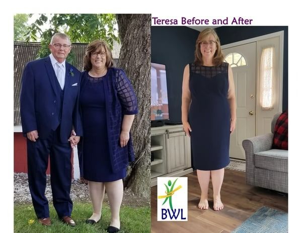 Before-and-after collage of a couple; woman’s navy dress changes to a black sleeveless dress in a home setting.