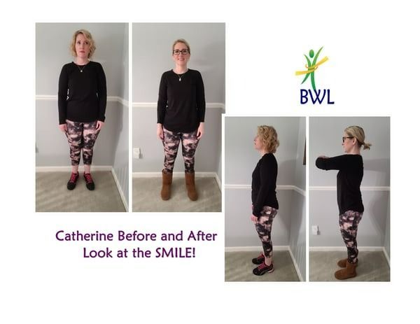 Before-and-after fitness collage with woman in black top and patterned leggings; 