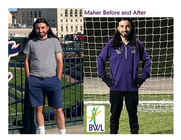 Before-and-after photo of a person standing at a sports field, wearing different outfits.