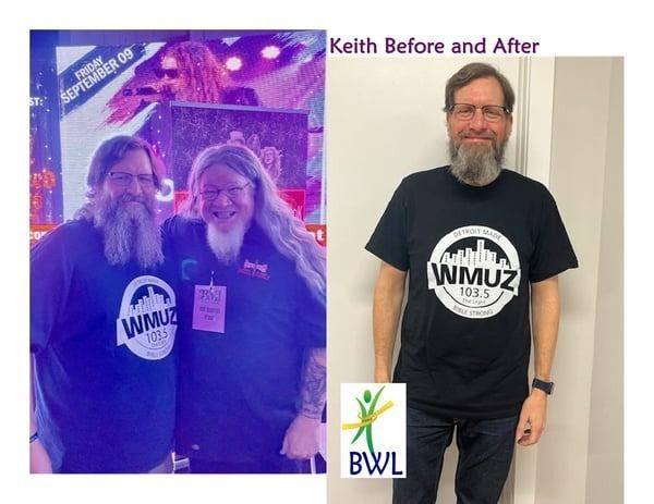 Side-by-side event photo and “before and after” portrait of a man in a WNMU shirt.