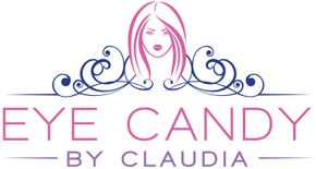 The logo for eye candy by claudia shows a woman with long hair.
