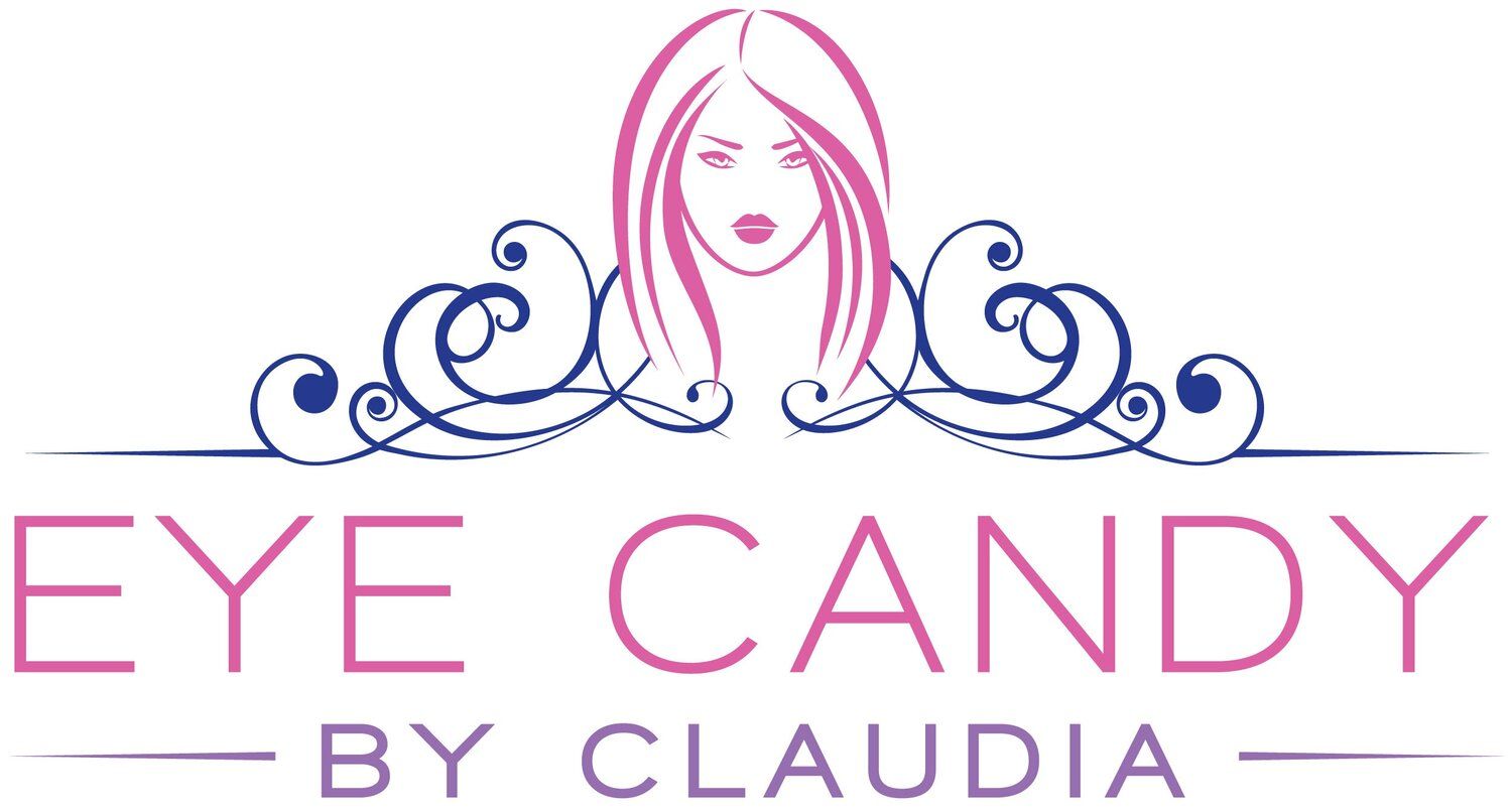 The logo for eye candy by claudia shows a woman with long hair.