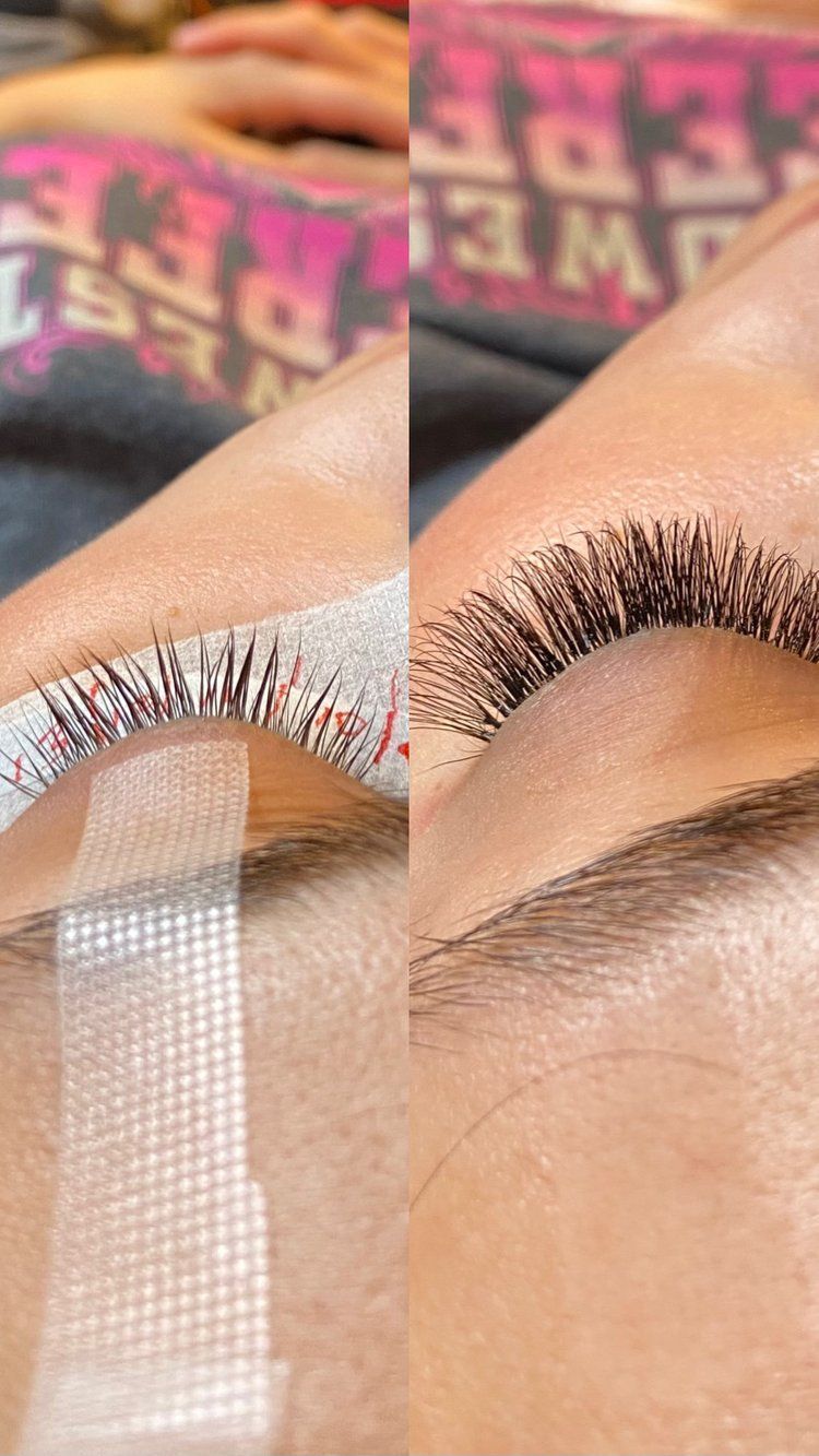 A before and after photo of a woman 's eyelashes.