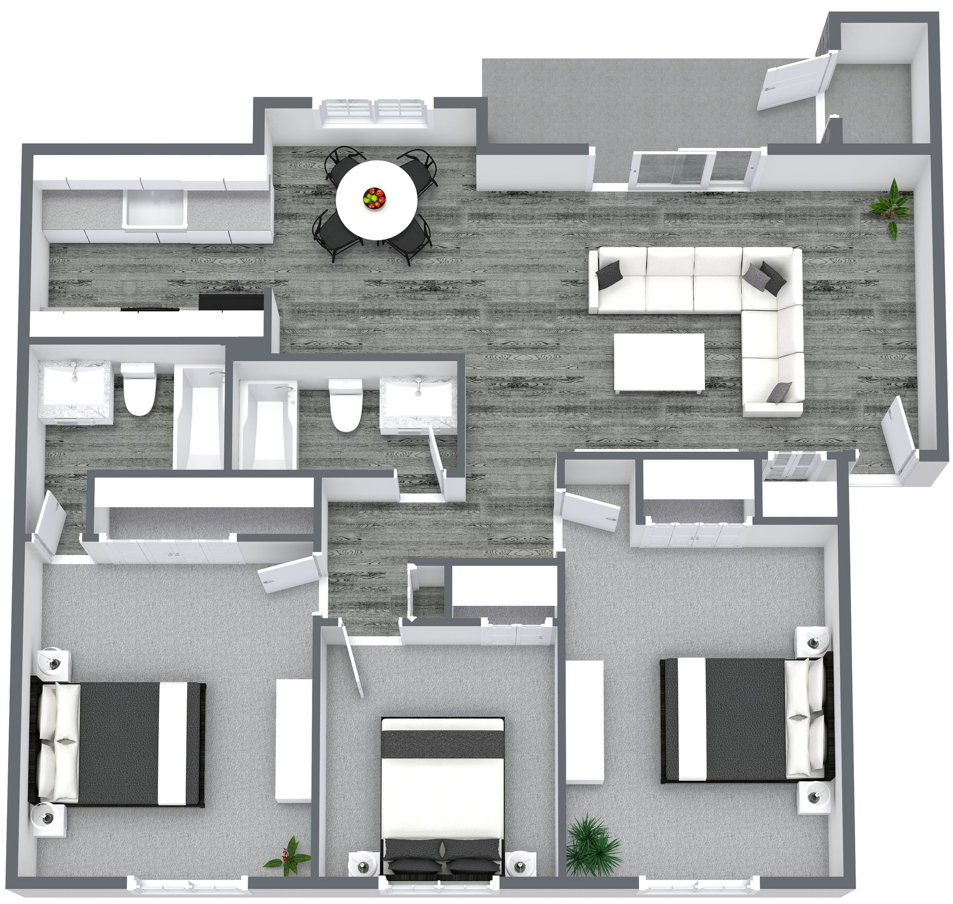 Floor plan: 3-bedroom apartment with open living/dining, carpeted floors, and multiple closets.