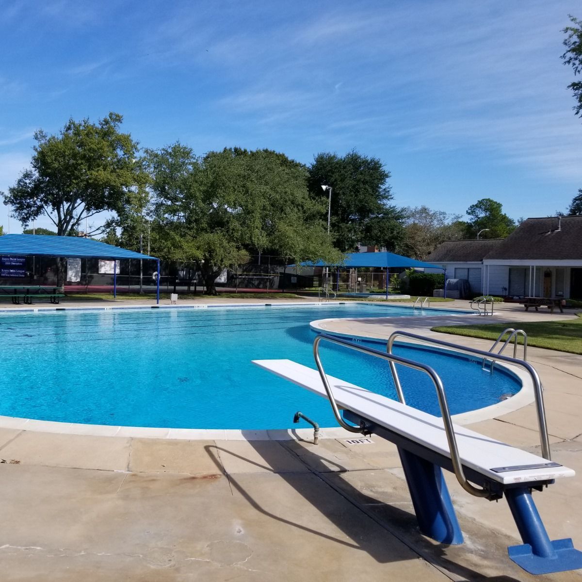 Outdoor swimming pool with blue diving board under a clear sky, surrounded by trees and shade structures