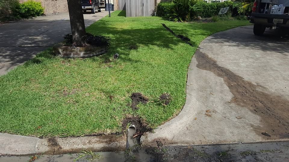Curved grassy strip between driveways with a concrete curb and a small drain pipe in the foreground
