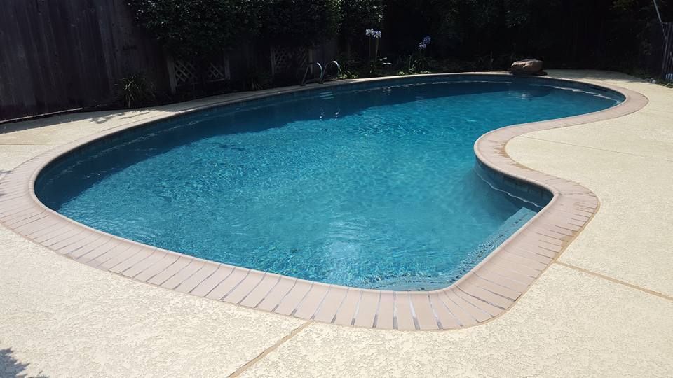 Curved backyard swimming pool with blue water and light-colored deck surrounding it