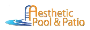 Aesthetic Pool & Patio logo with blue pool wave and orange lettering