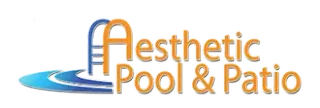 Aesthetic Pool & Patio logo with blue pool wave and orange lettering