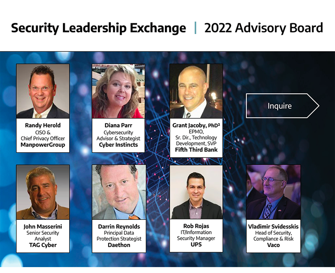 Advisory board members for the 2022 Security Leadership Exchange, presented in a grid of eight professional headshots.