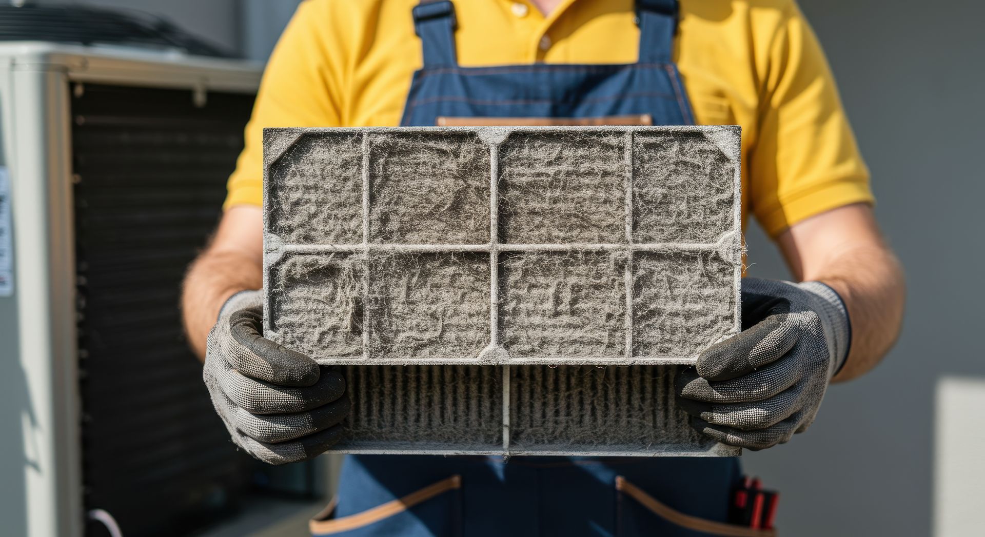 Air duct cleaner holding dirty HVAC filter full of dust during home ventilation cleaning service.