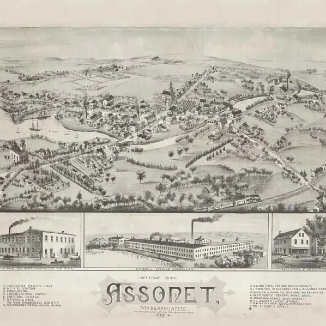 A black and white drawing of a city called assonet