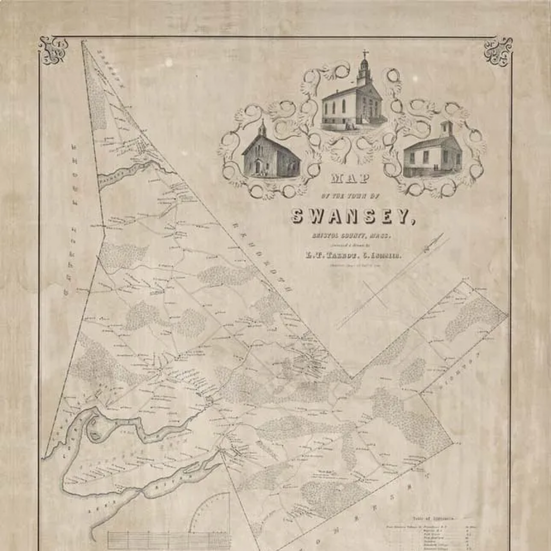 A black and white map of swansley with houses and churches on it.