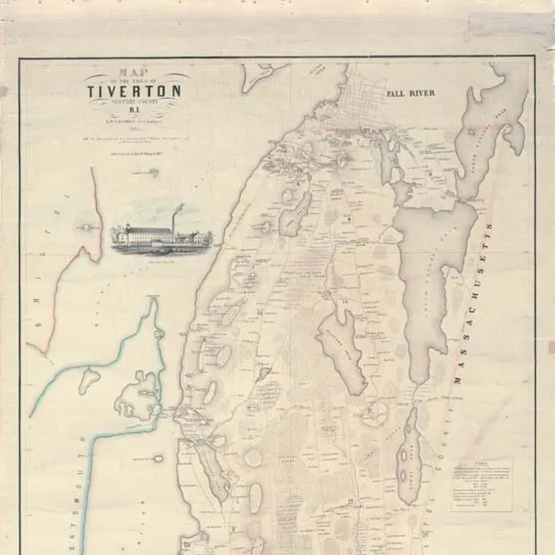 An old map of tiverton with a boat on it