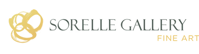 The logo for sorelle gallery fine art has a gold swirl on it.