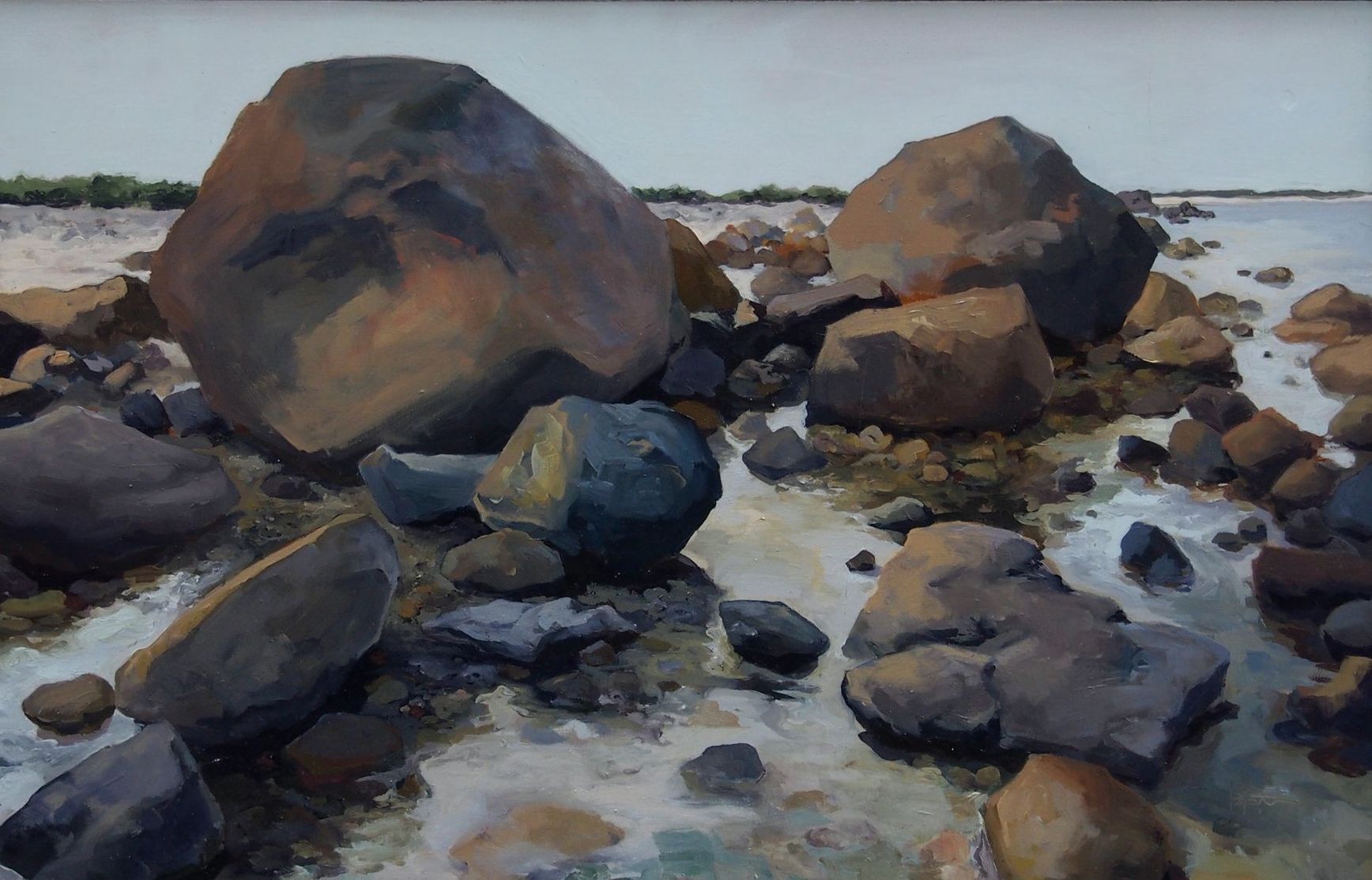 A painting of rocks on the shore of a body of water