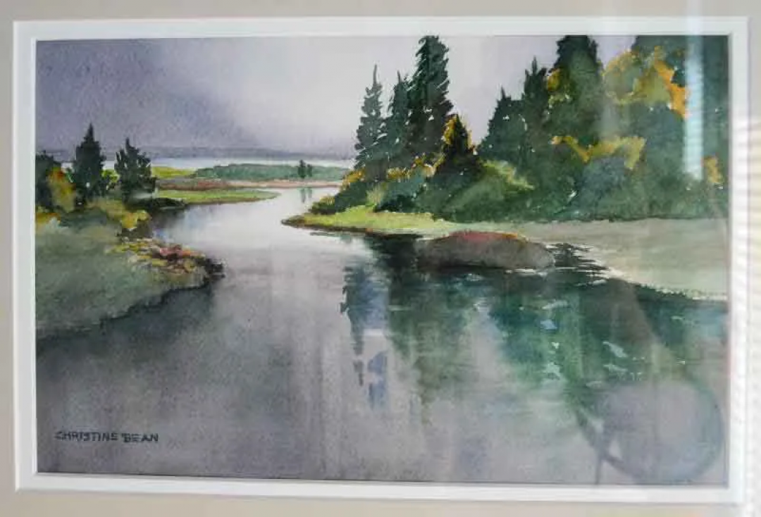 A watercolor painting of a river surrounded by trees