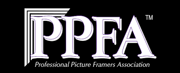 The logo for the professional picture framers association is white on a black background.