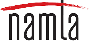 A logo for namla with a red brush stroke on a white background.