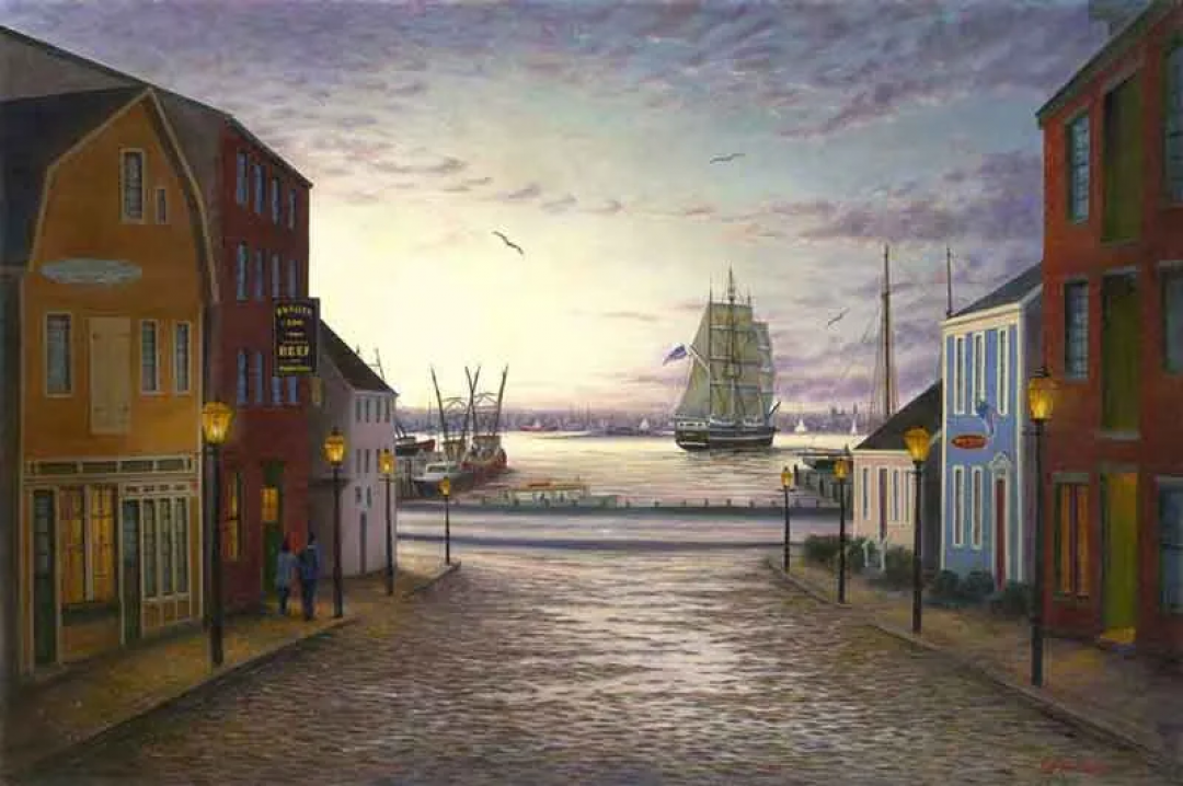 A painting of a city street with a sailboat in the water.