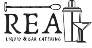 Logo di REA Liquid & Bar Catering con icone di agitatore per cocktail, bicchiere da martini e shaker.