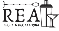 Logo di REA Liquid & Bar Catering con icone di agitatore per cocktail, bicchiere da martini e shaker.