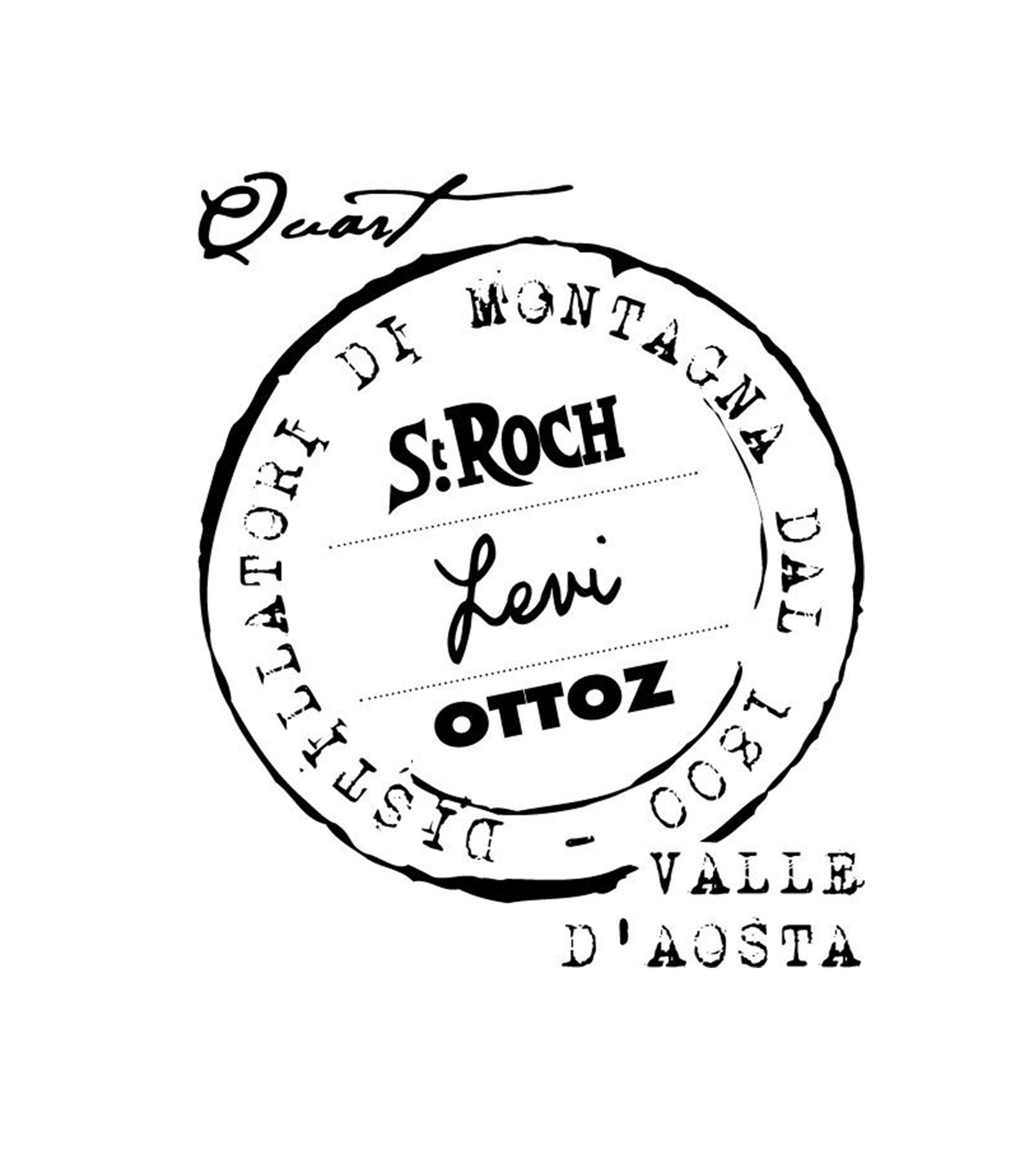 Francobollo circolare in bianco e nero con le scritte “St. Roch”, “Levi” e “Ottoz”, e la dicitura Valle d'Aosta.