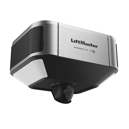 Silver and black LiftMaster garage door opener with integrated lights.