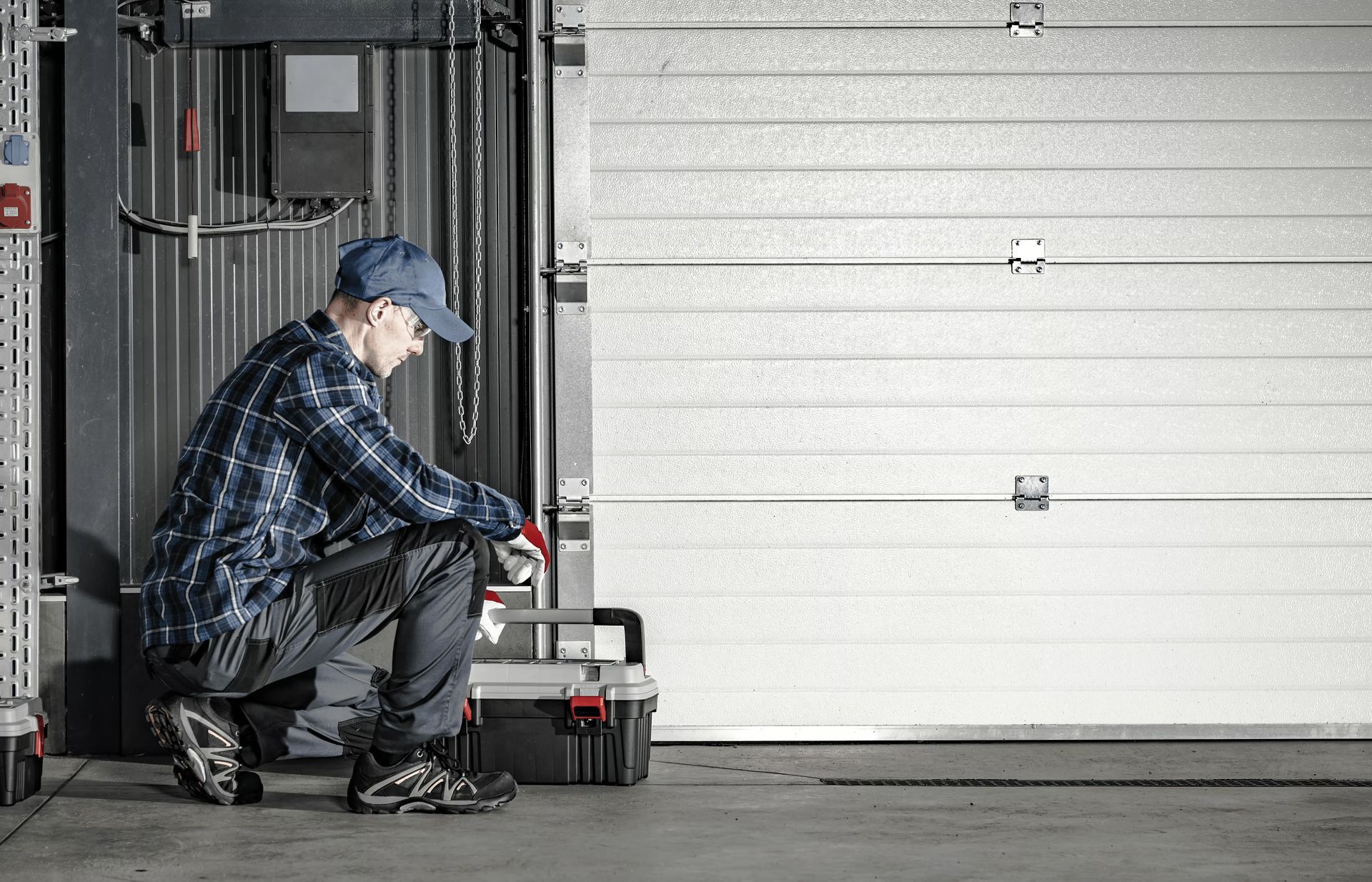 Man in blue plaid shirt and cap kneels beside a garage door, looking at toolbox.