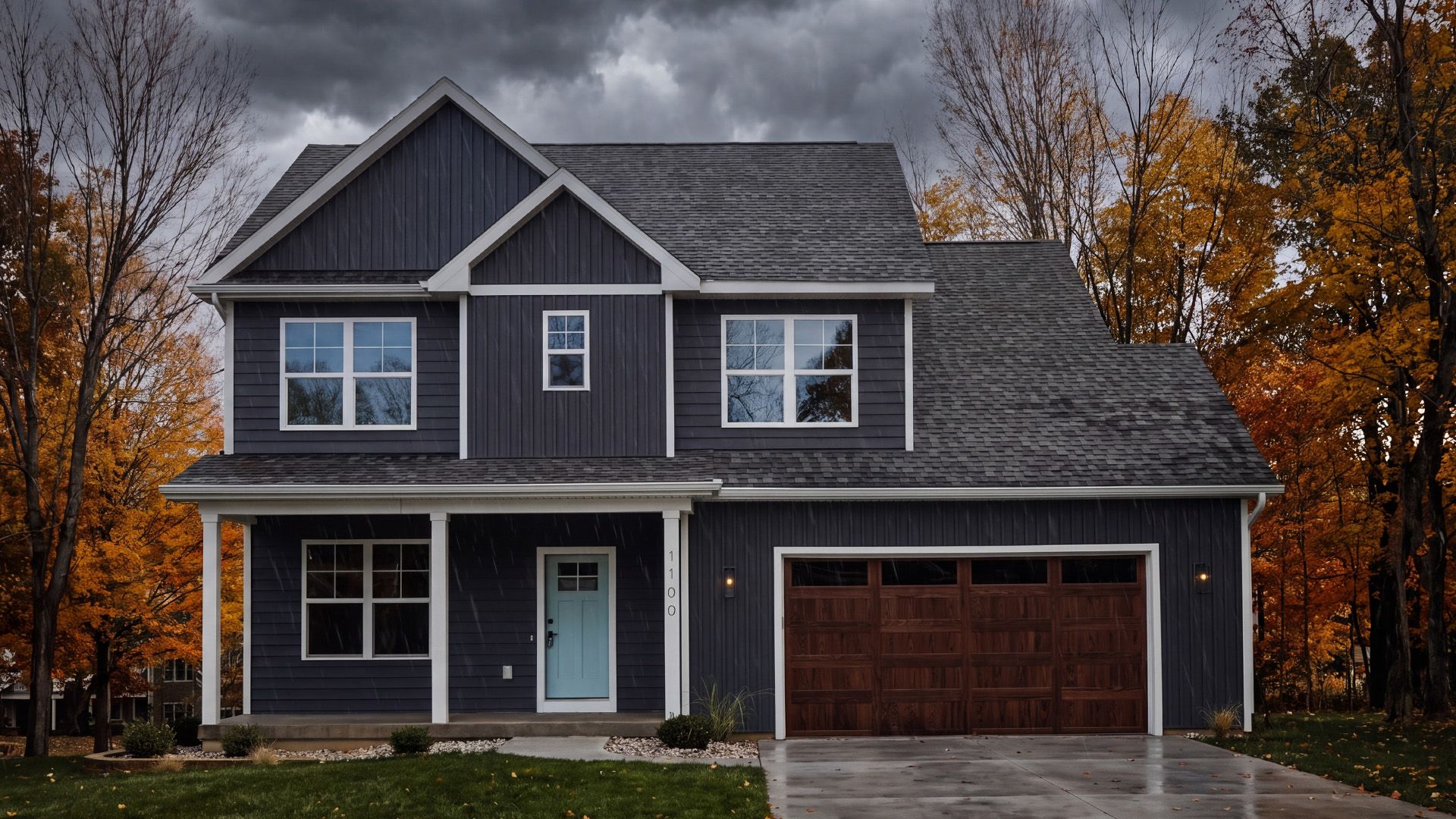 Suburban house with two white garage doors and a paved driveway in front