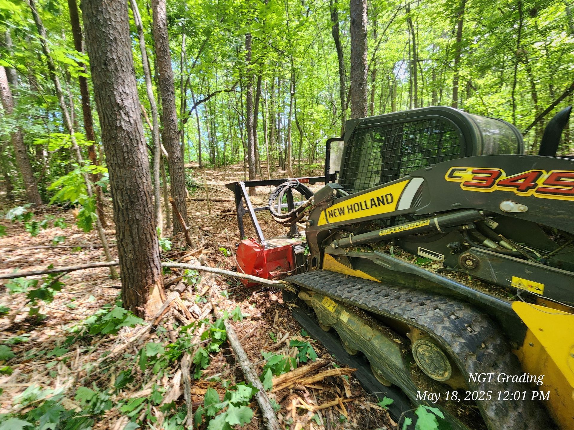 Yellow-and-black snow groomer in a leafy forest, pushing through brush on a wooded trail.