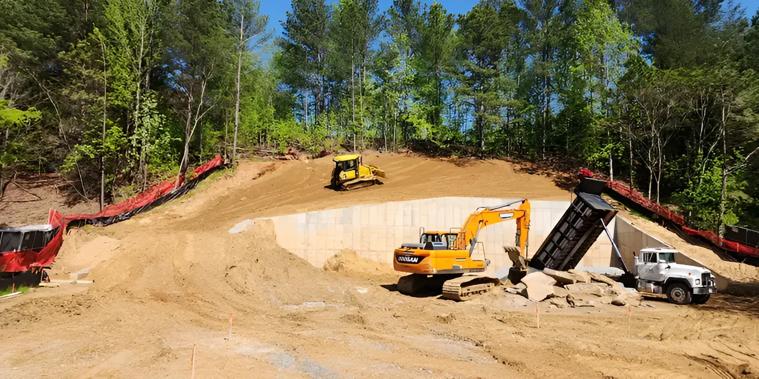Construction site with excavator and dump truck on a dirt slope, red erosion fencing, and trees in the background