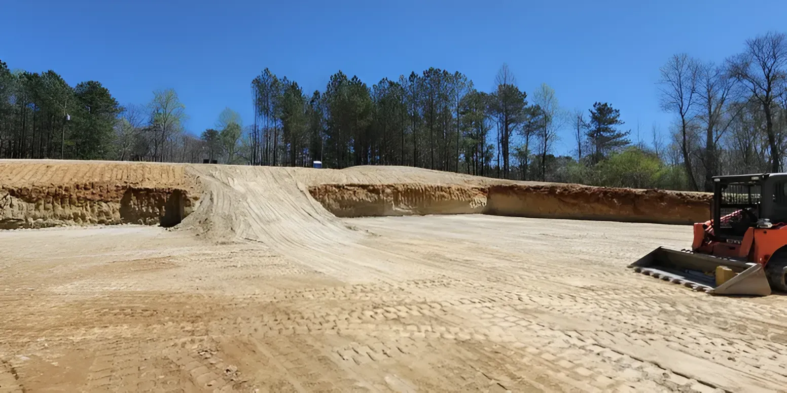 Wide dirt construction site with a graded slope, trees in back, and a bulldozer at right.