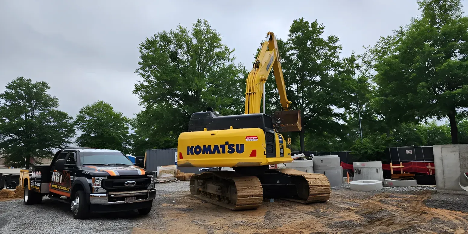 Yellow Komatsu excavator beside black pickup trucks in a muddy lot under cloudy skies
