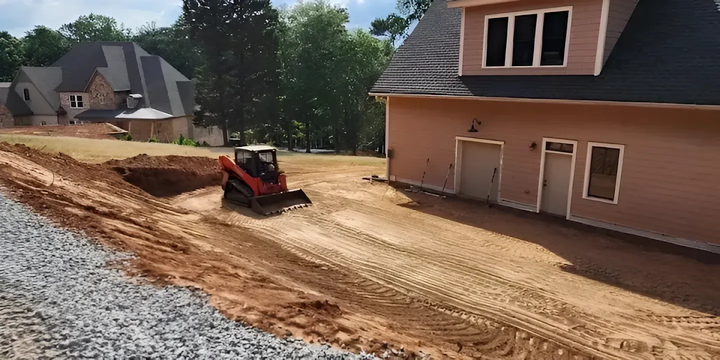 Orange skid steer grading dirt beside a tan house on a residential construction site