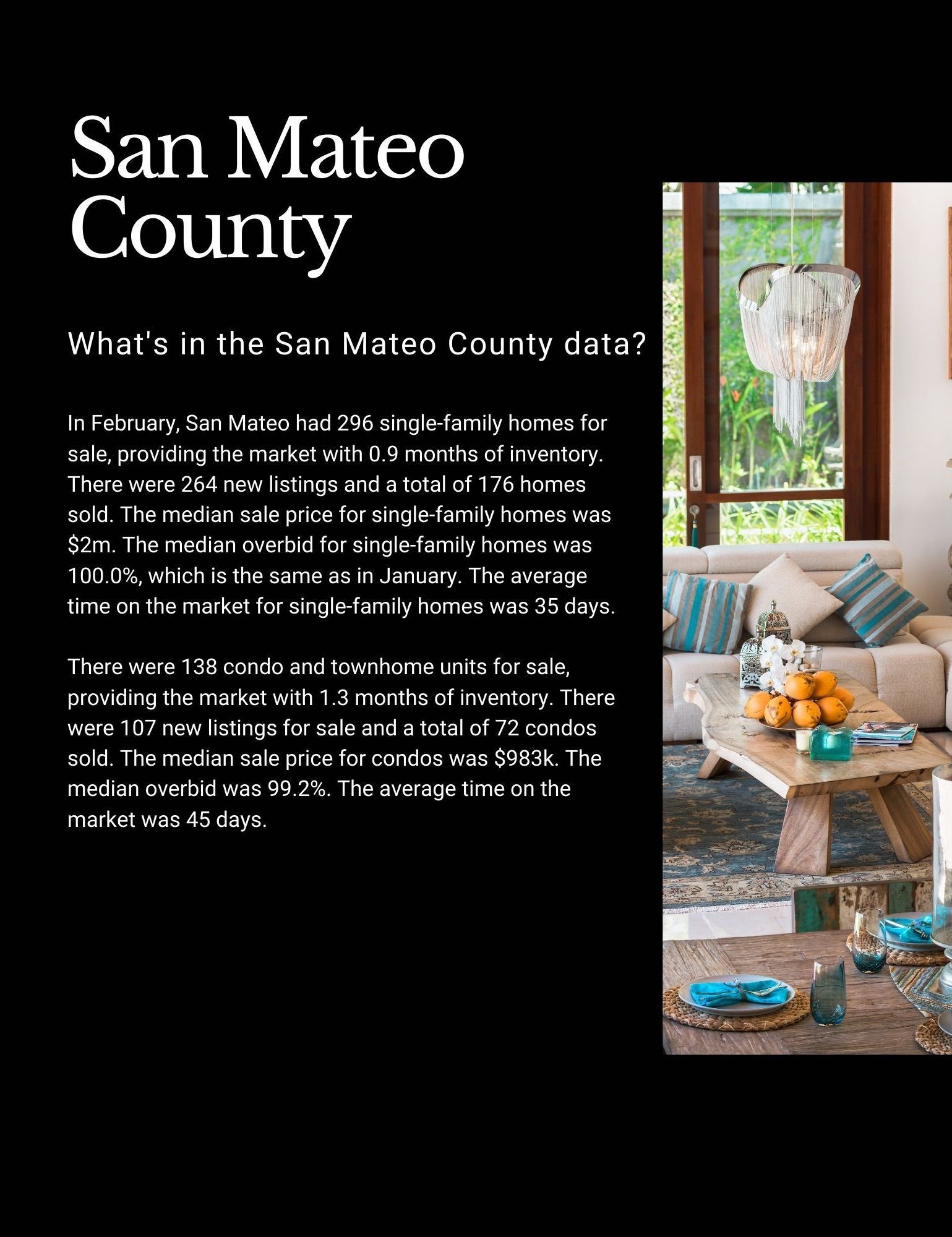 A brochure for san mateo county shows a living room with a couch and a coffee table.