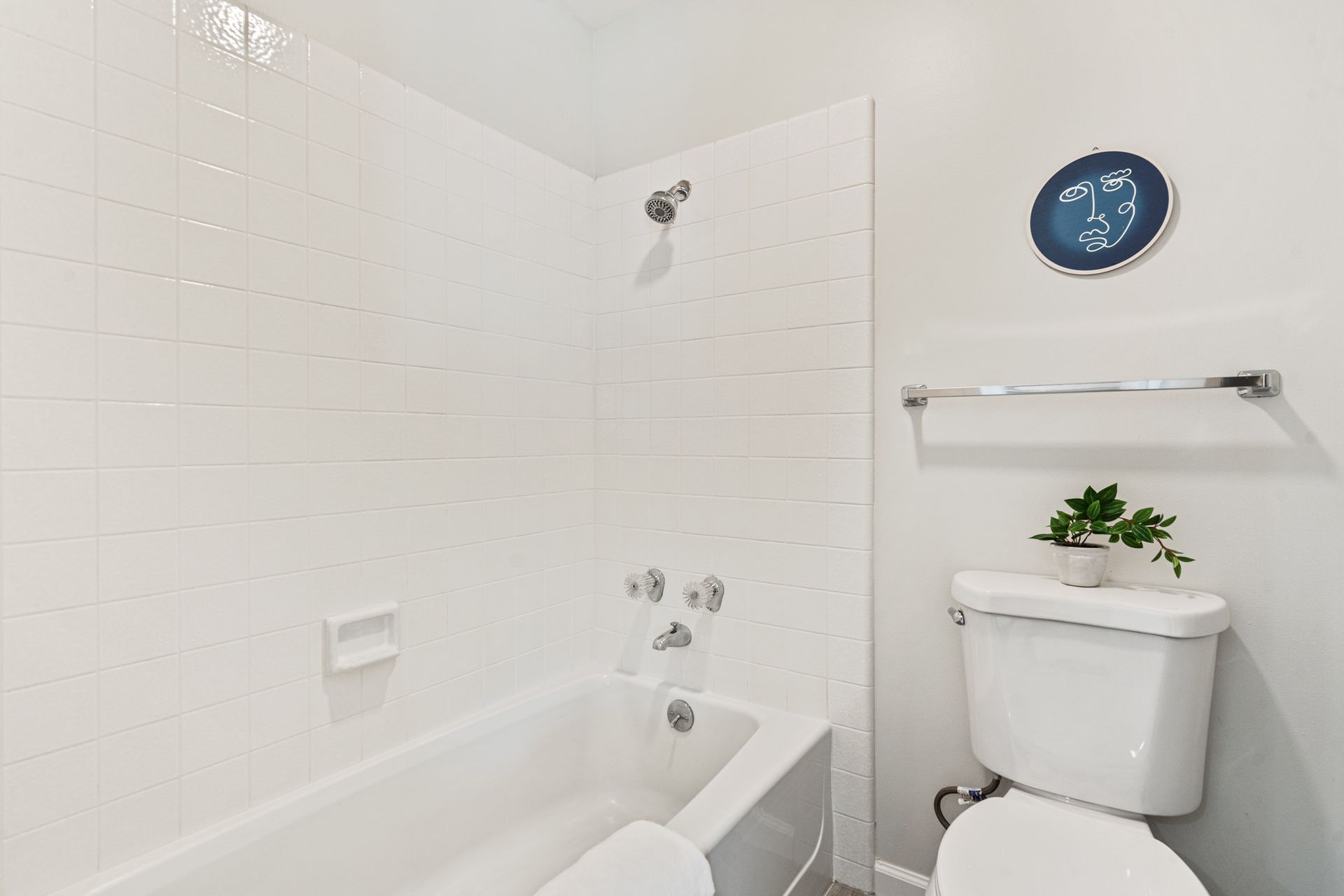 A bathroom with a toilet , bathtub and shower.