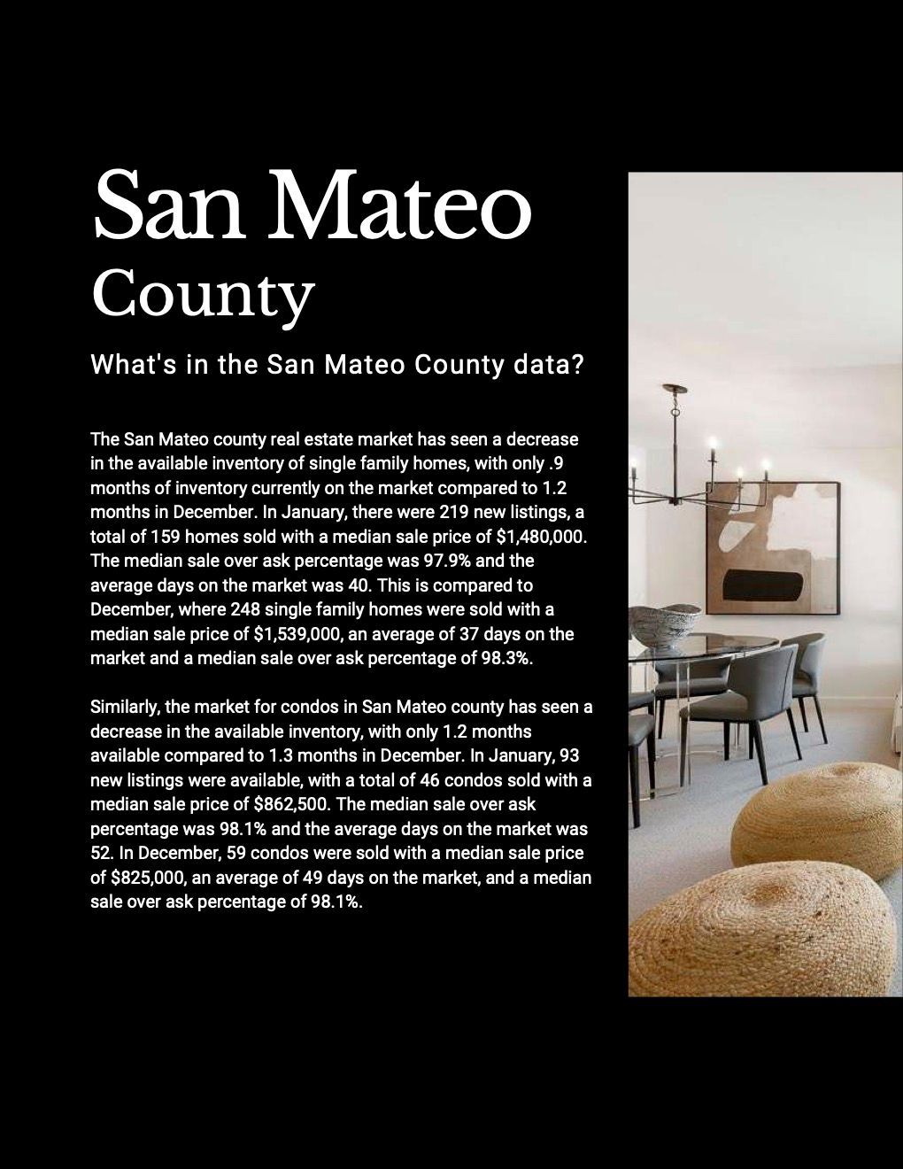 A brochure for san mateo county shows a living room with a table and chairs.