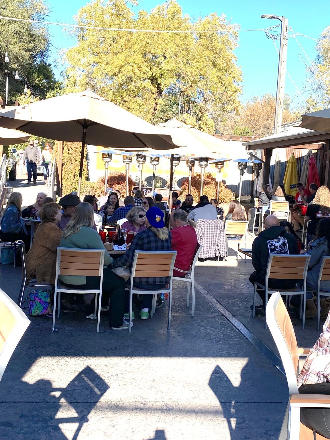 A group of people are sitting at tables outside under umbrellas.