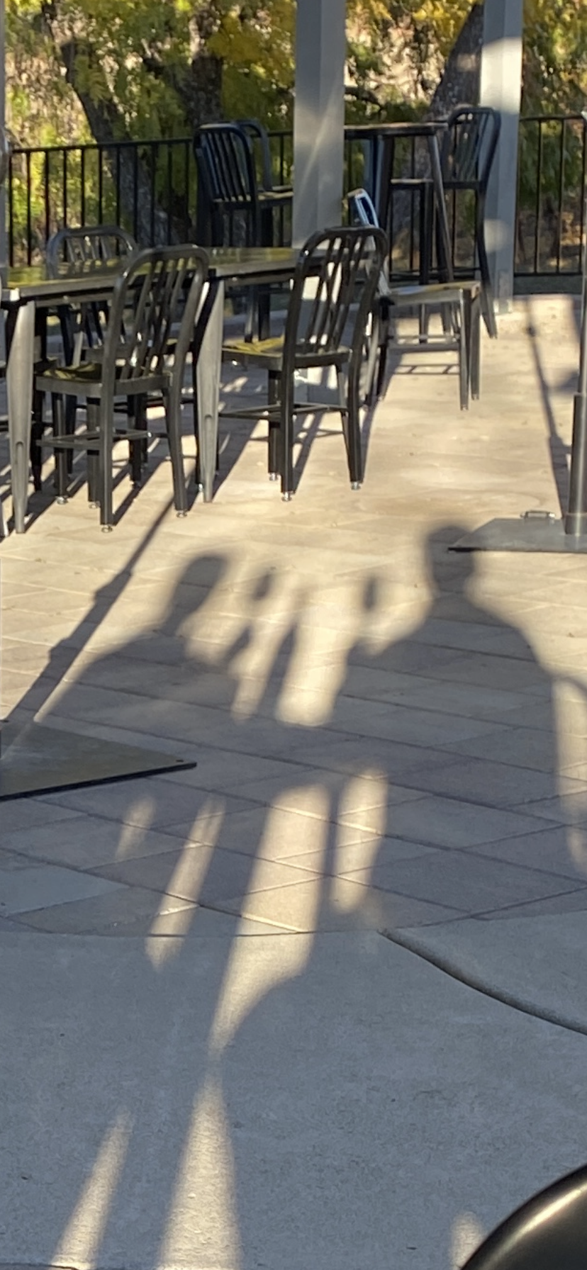 A shadow of a person is cast on a patio with tables and chairs.