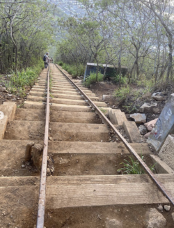 A person is walking down a set of train tracks.