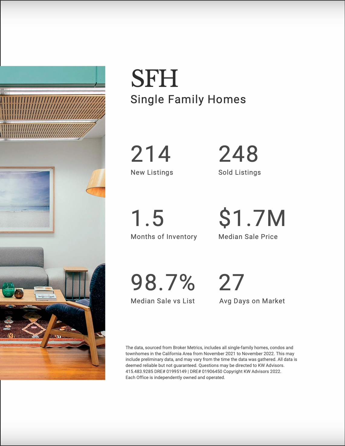 A brochure for sfh single family homes shows a living room with a couch and chair.