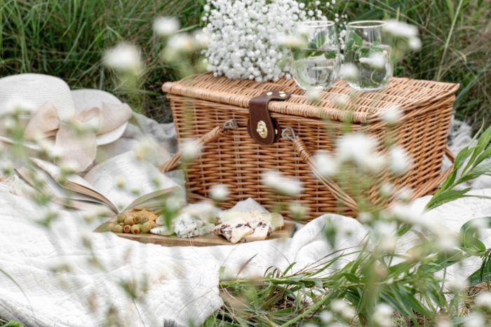 A picnic basket is sitting on top of a blanket in the grass.