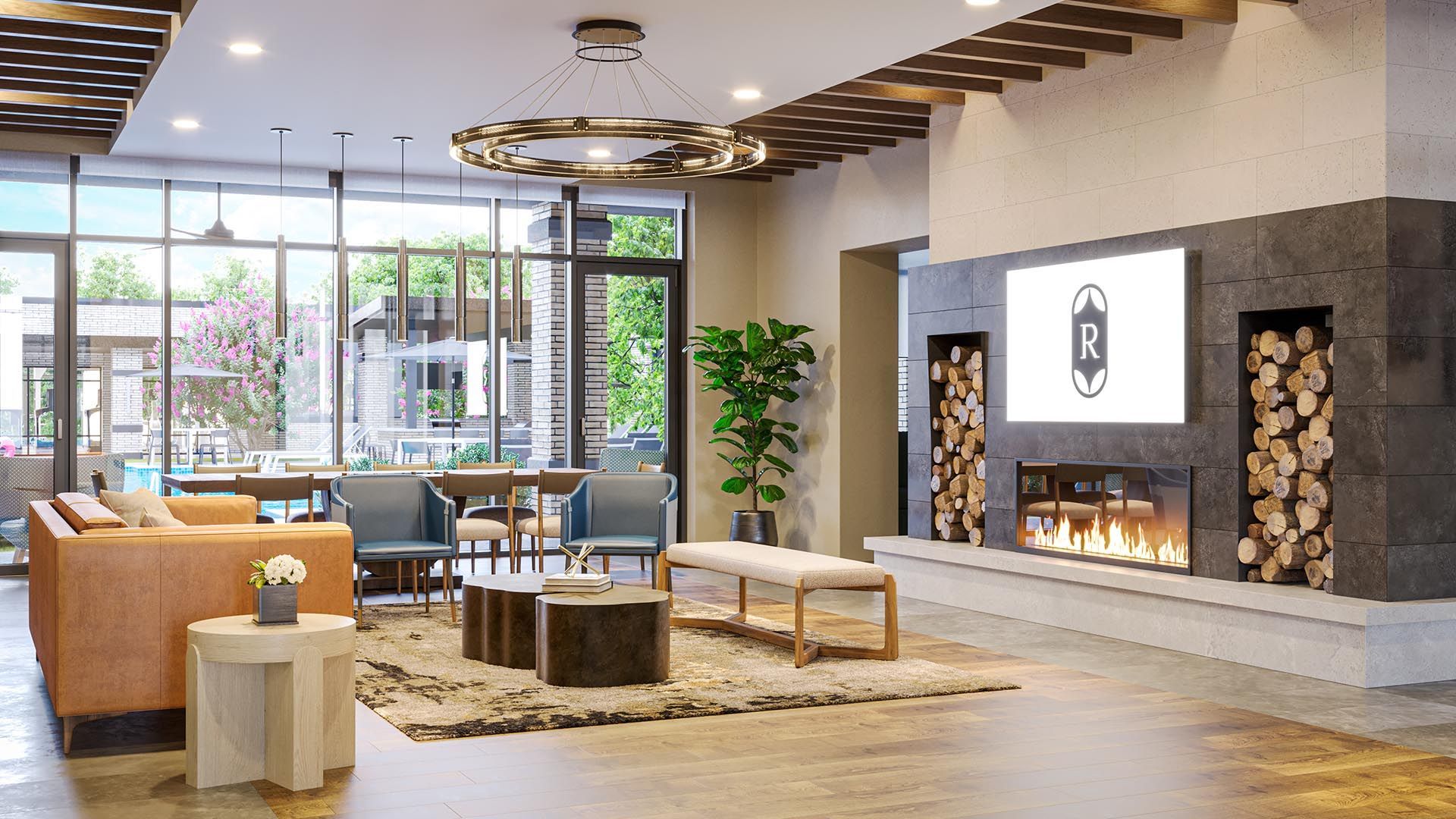 A living room with a fireplace and a flat screen tv.