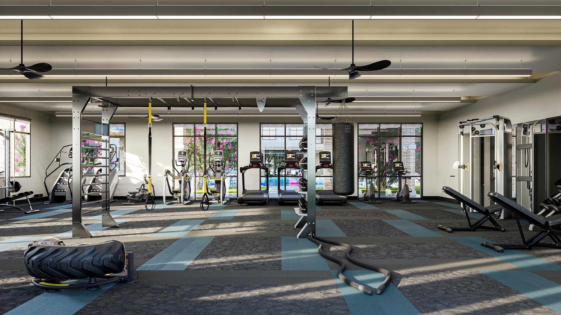 An artist 's impression of a large gym with a lot of equipment.